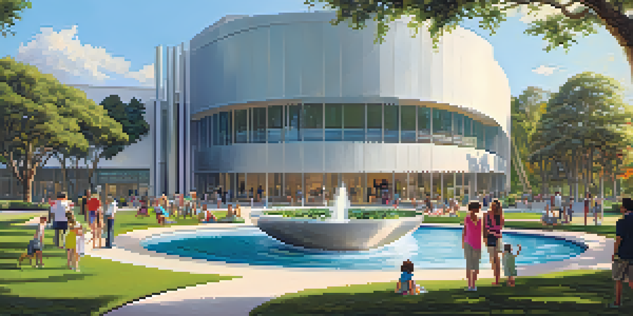 A sunny day at the Orlando Museum of Art, with visitors enjoying the sculpture garden surrounded by modern architecture and greenery.