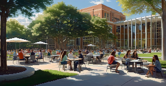 A diverse group of students collaborates on research work at a university campus, surrounded by modern buildings and greenery.