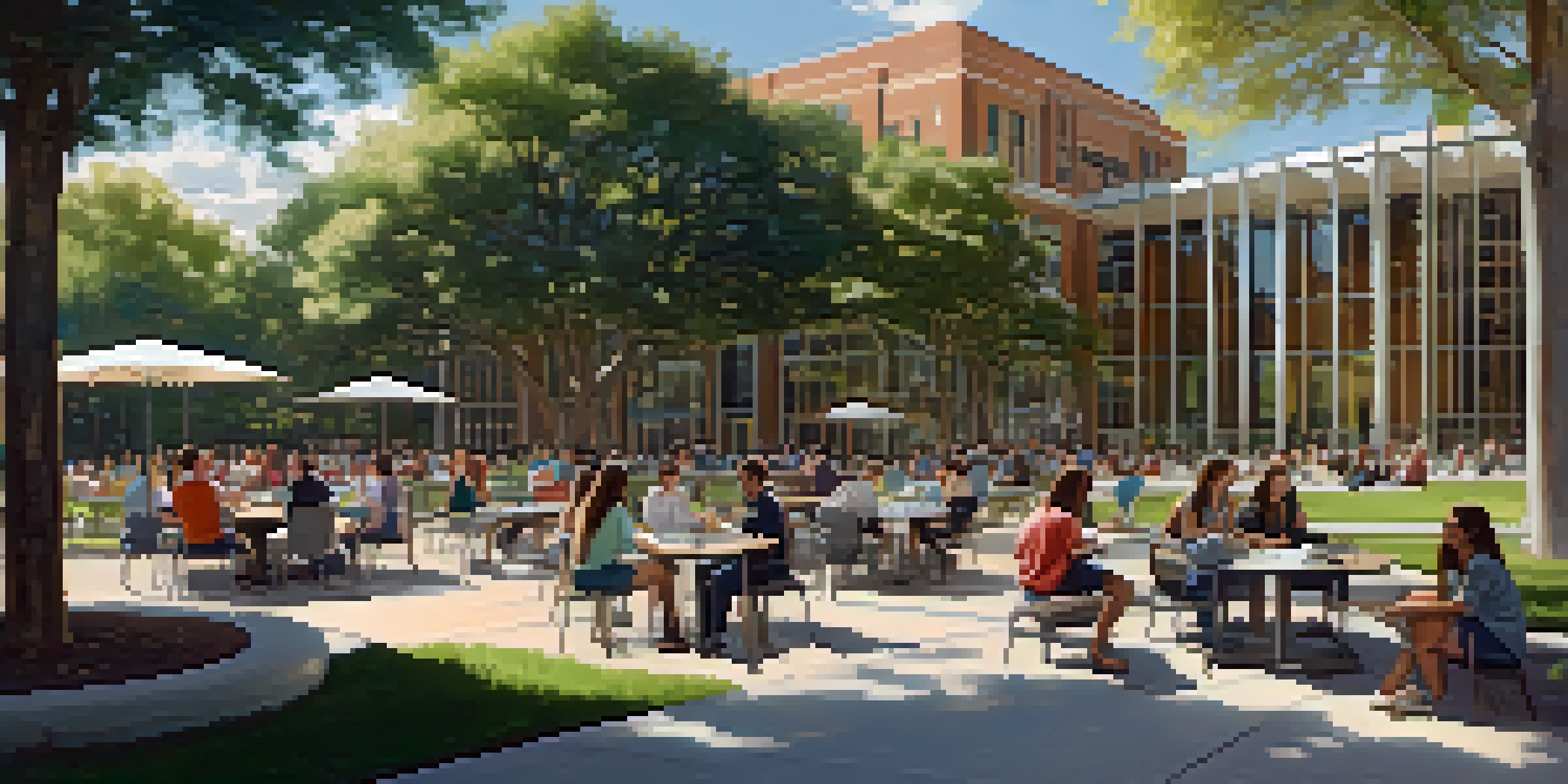 A diverse group of students collaborates on research work at a university campus, surrounded by modern buildings and greenery.