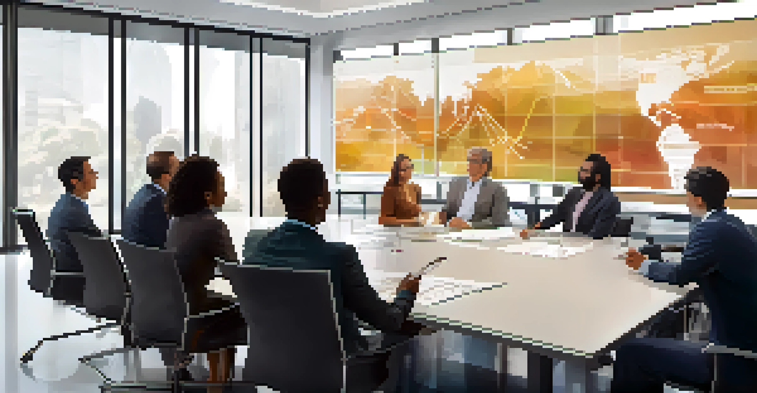 A diverse group of professionals engaged in a brainstorming session in a modern conference room.