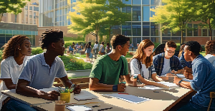 A university campus scene with diverse students collaborating on a project outdoors, surrounded by greenery and modern architecture, with sunlight enhancing the vibrant atmosphere.