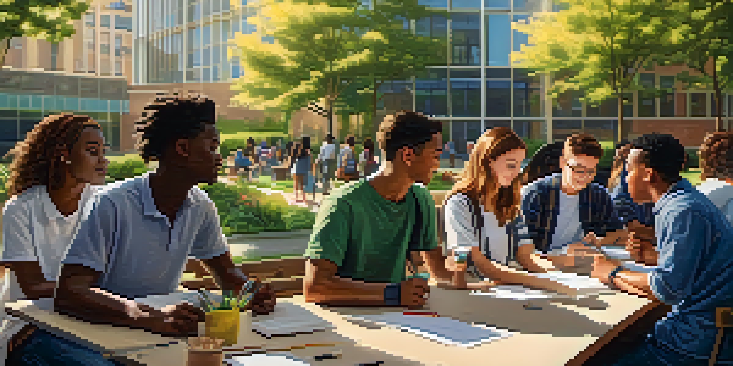 A university campus scene with diverse students collaborating on a project outdoors, surrounded by greenery and modern architecture, with sunlight enhancing the vibrant atmosphere.