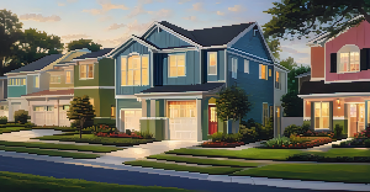 A picturesque Orlando neighborhood at sunset, featuring a mix of single-family homes and upscale condos with vibrant gardens.