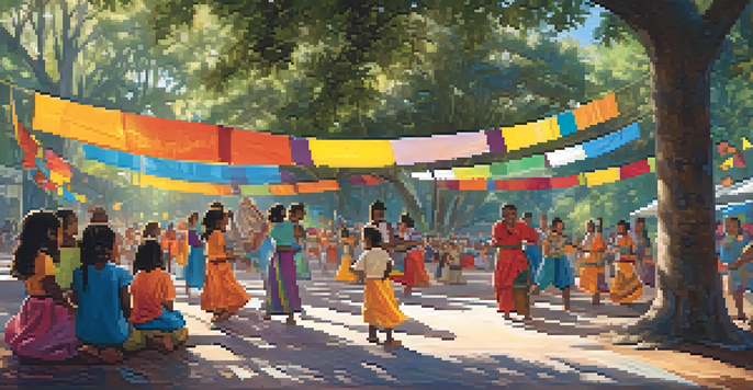 A lively community event at UCF featuring diverse cultural performances, with colorful decorations and children participating in crafts.