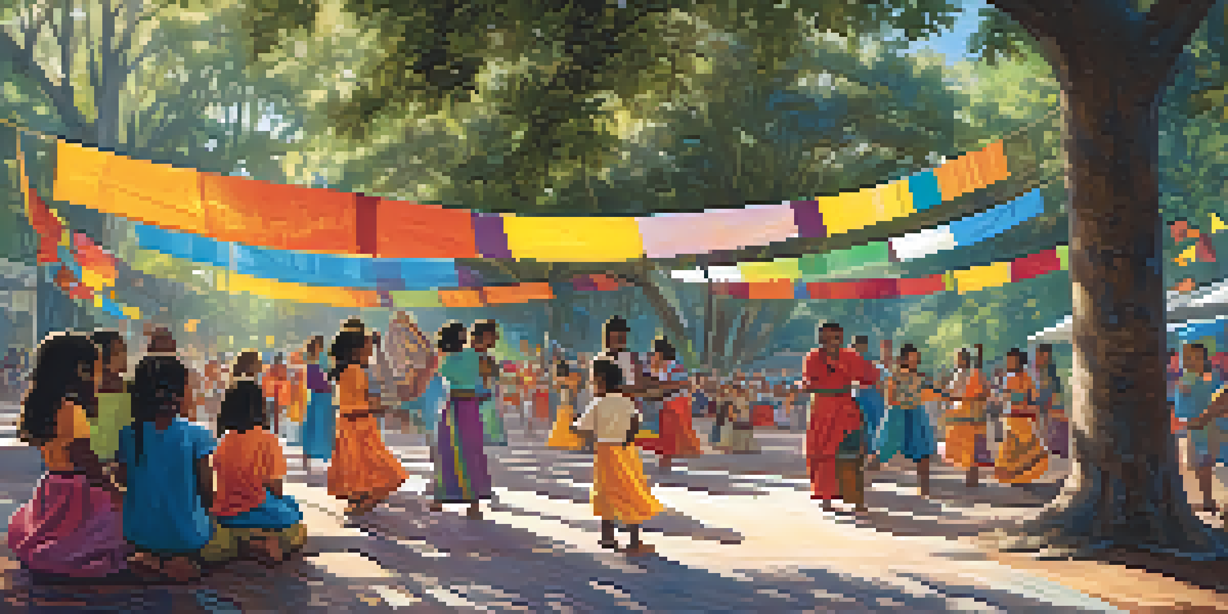 A lively community event at UCF featuring diverse cultural performances, with colorful decorations and children participating in crafts.