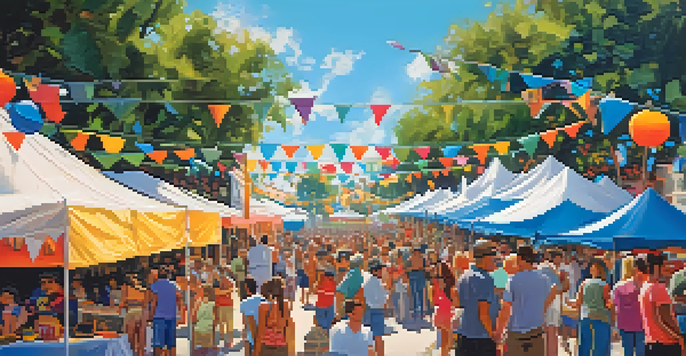 A colorful art festival in Orlando with diverse attendees and artists showcasing their work under blue skies.