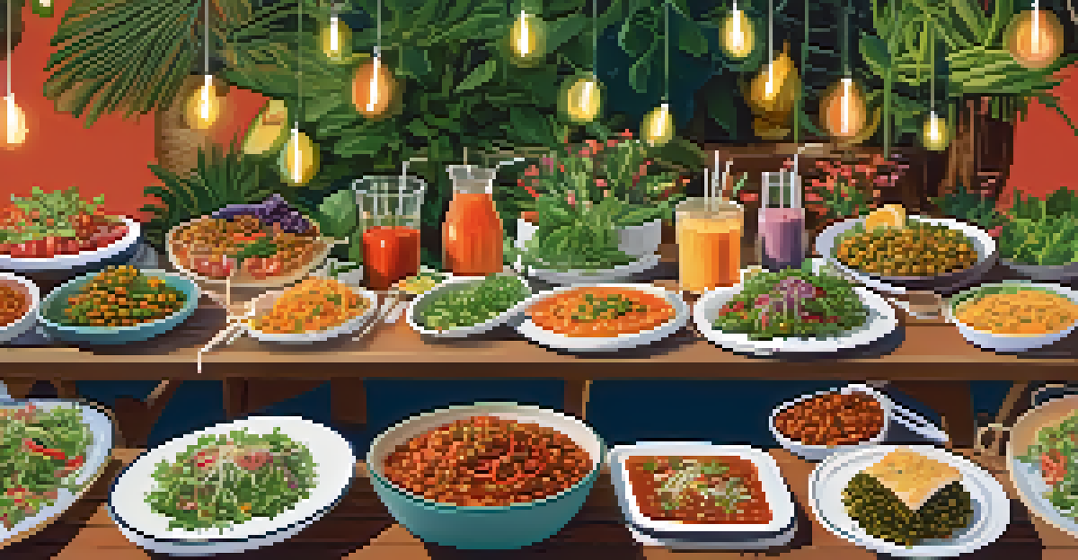 A table with colorful vegan dishes including lentil bolognese and salads, set outdoors with greenery.