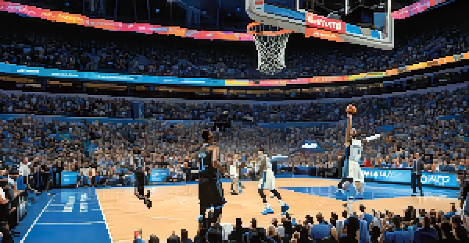 A basketball player performing a slam dunk during an intense Orlando Magic game at Amway Center.