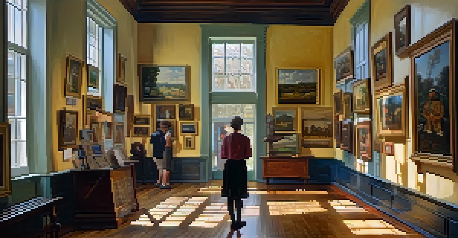 Inside the Mennello Museum of American Art, showcasing vibrant American folk art and visitors admiring the pieces in a cozy gallery.