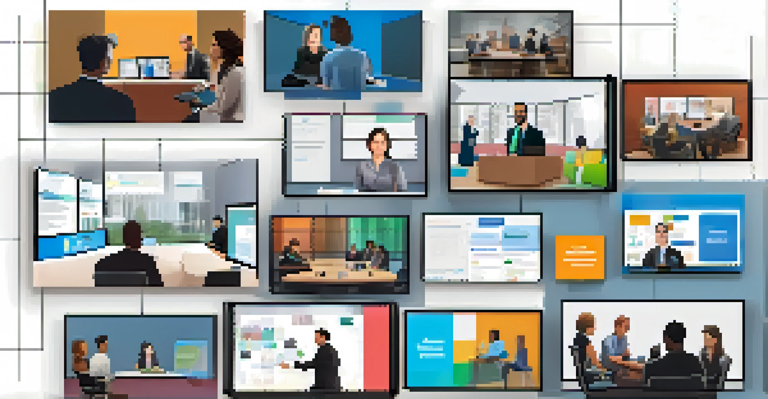 A virtual networking session with diverse participants in animated discussions, displayed on a grid of screens in a modern digital environment.