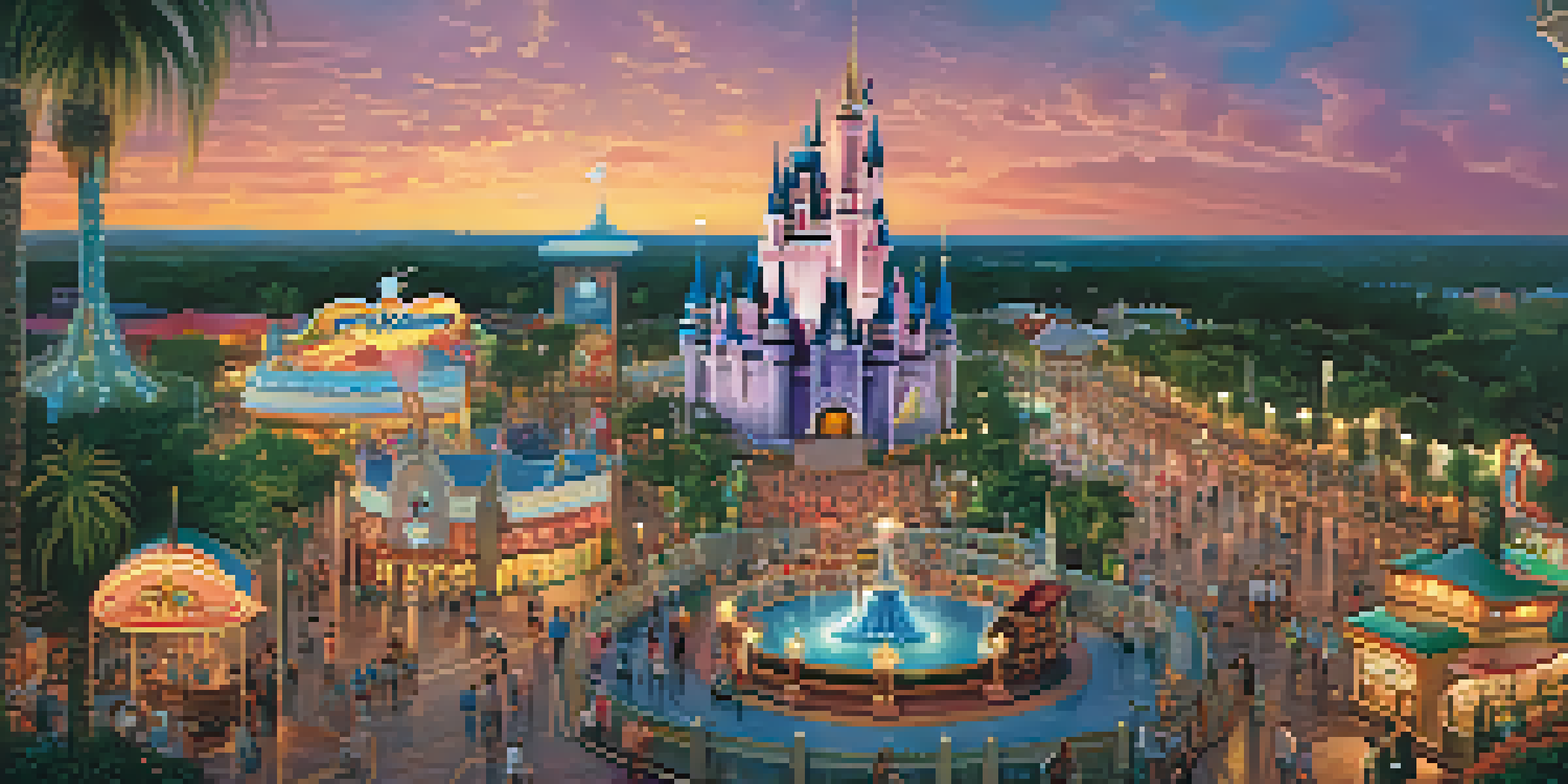 A picturesque view of Orlando's theme parks during sunset, highlighting Cinderella Castle and roller coasters with a crowd and colorful lights.