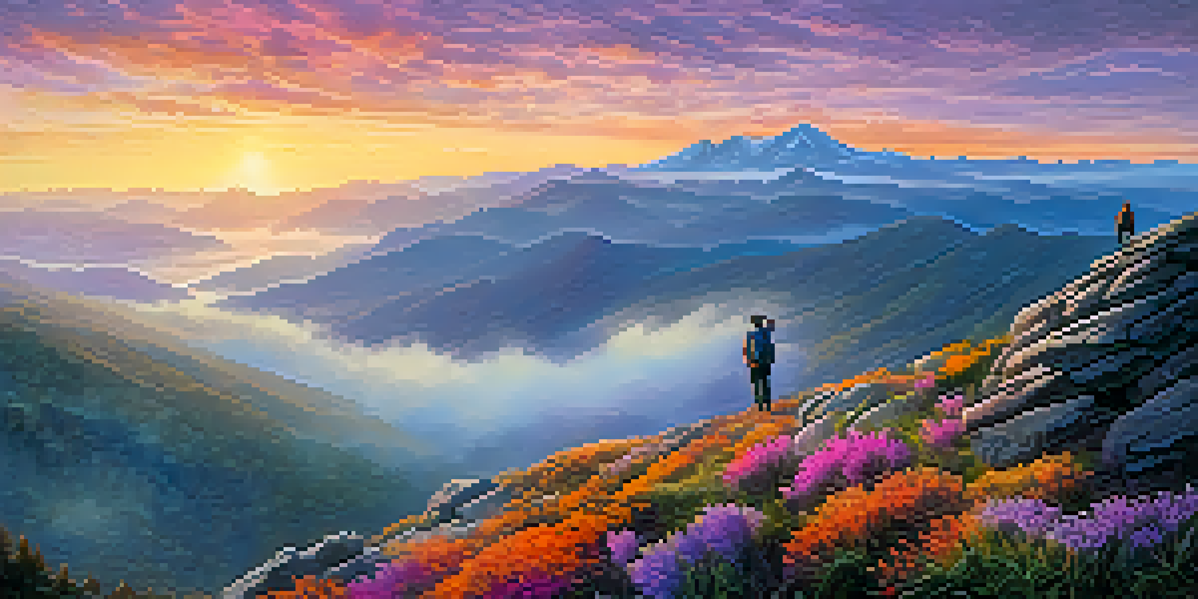 A hiker stands on a rocky ledge at a mountain peak during sunrise, with a colorful sky and distant misty mountains.