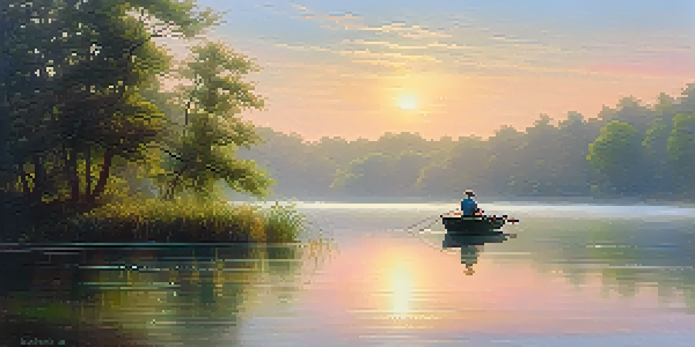 A peaceful early morning at a lake with a fisherman in a boat casting his line, surrounded by mist and greenery.