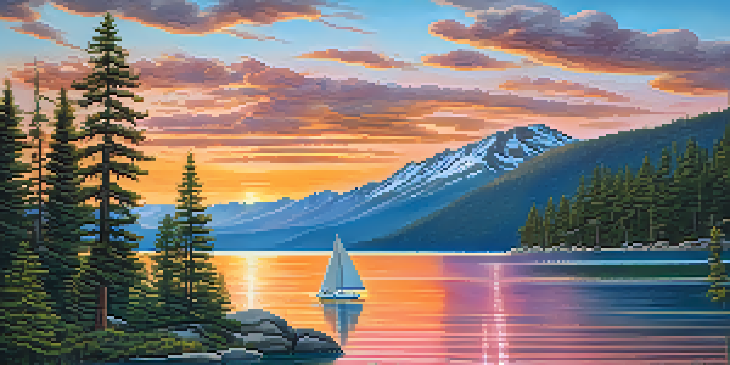 A beautiful sunset over Lake Tahoe with a sailboat on the water and mountains in the background.