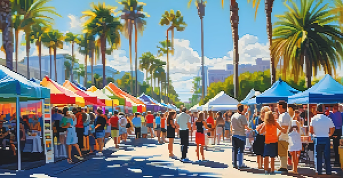 An outdoor art festival in Orlando with artists painting, colorful art booths, and a diverse crowd enjoying the vibrant atmosphere.