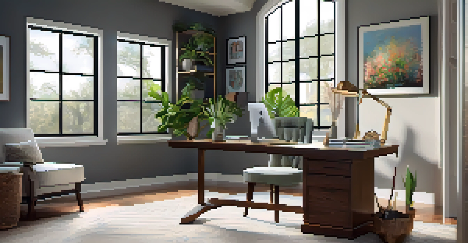 A stylish home office with a desk, computer, and natural light streaming through large windows.