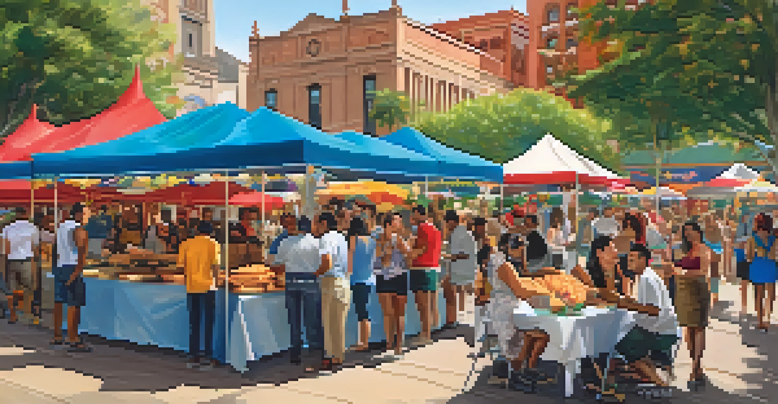 A lively scene at the Annual Hispanic Heritage Month Festival with food stalls and people enjoying traditional dishes.