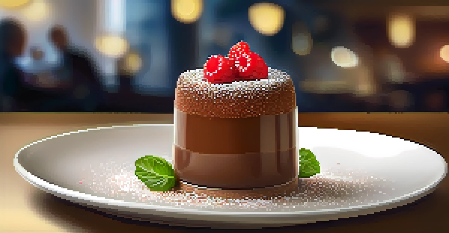 A close-up of a chocolate mousse dessert with chili and berries, beautifully plated in a fine dining setting.