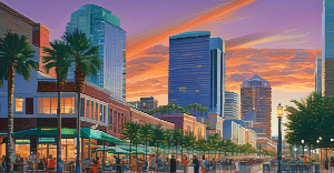 A colorful sunset over the city of Orlando, highlighting modern skyscrapers and palm trees.
