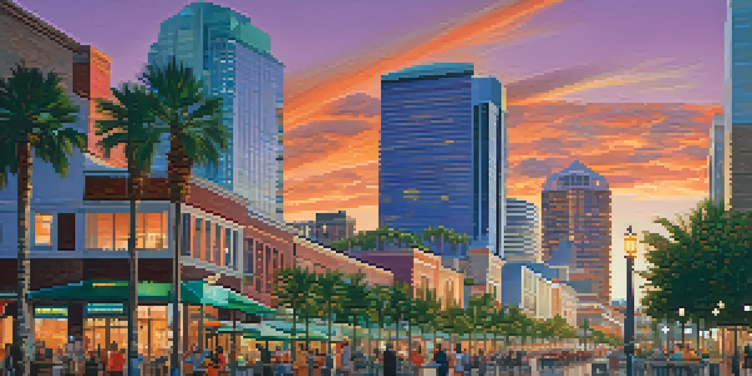 A colorful sunset over the city of Orlando, highlighting modern skyscrapers and palm trees.