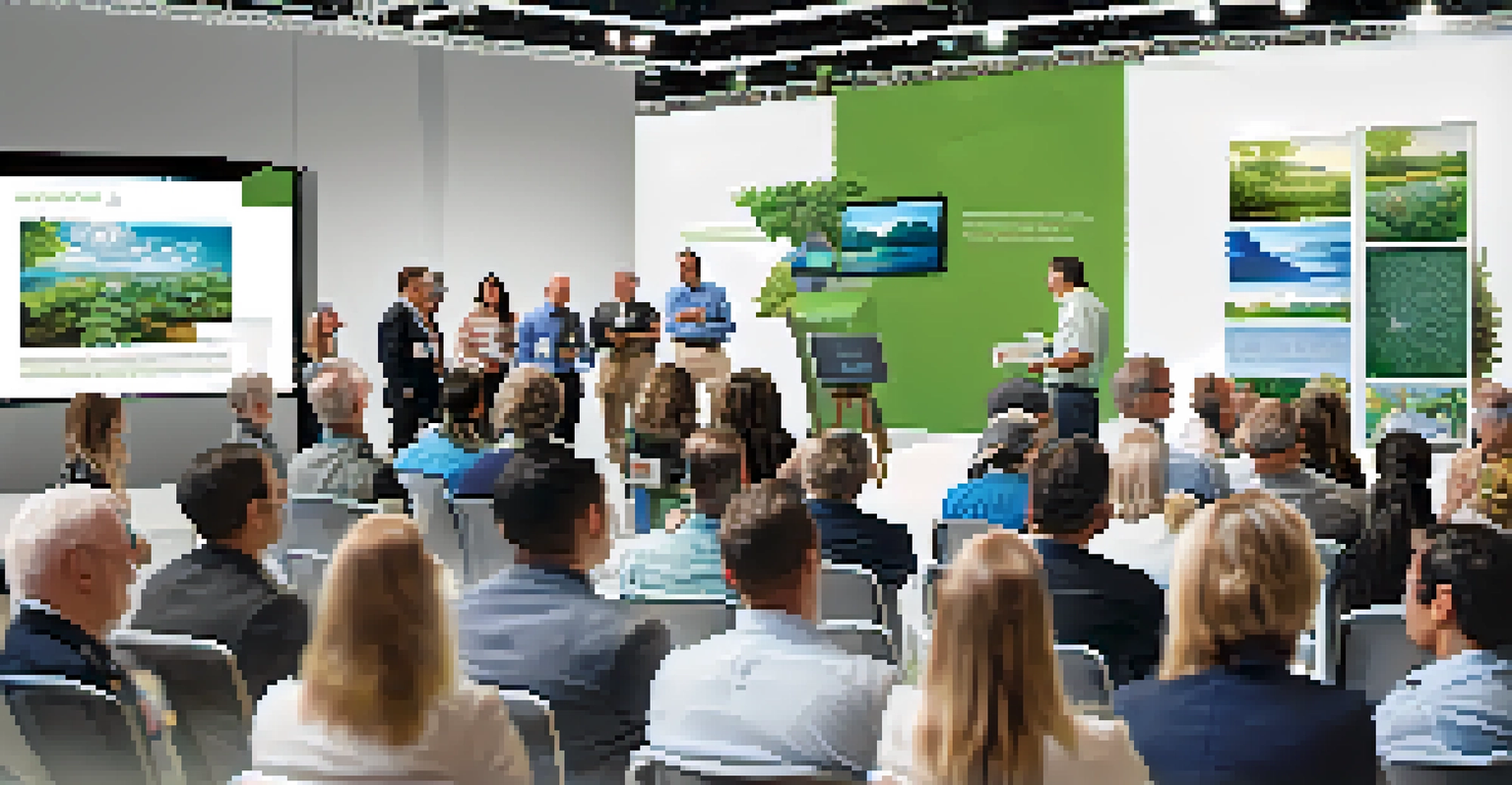 An educational workshop at a trade show, featuring a speaker discussing sustainability with engaged attendees taking notes.