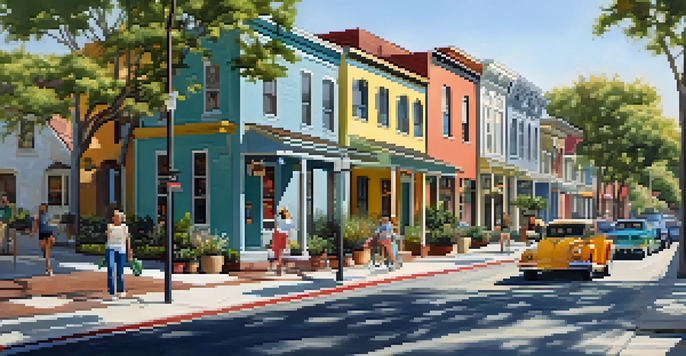 A lively neighborhood in Baldwin Park with tree-lined streets, townhouses, and people enjoying outdoor activities.