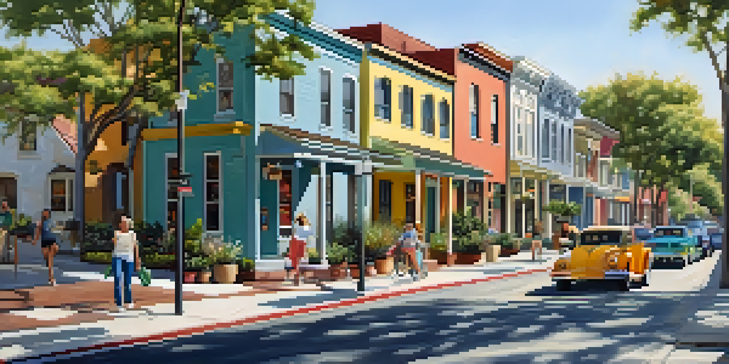 A lively neighborhood in Baldwin Park with tree-lined streets, townhouses, and people enjoying outdoor activities.