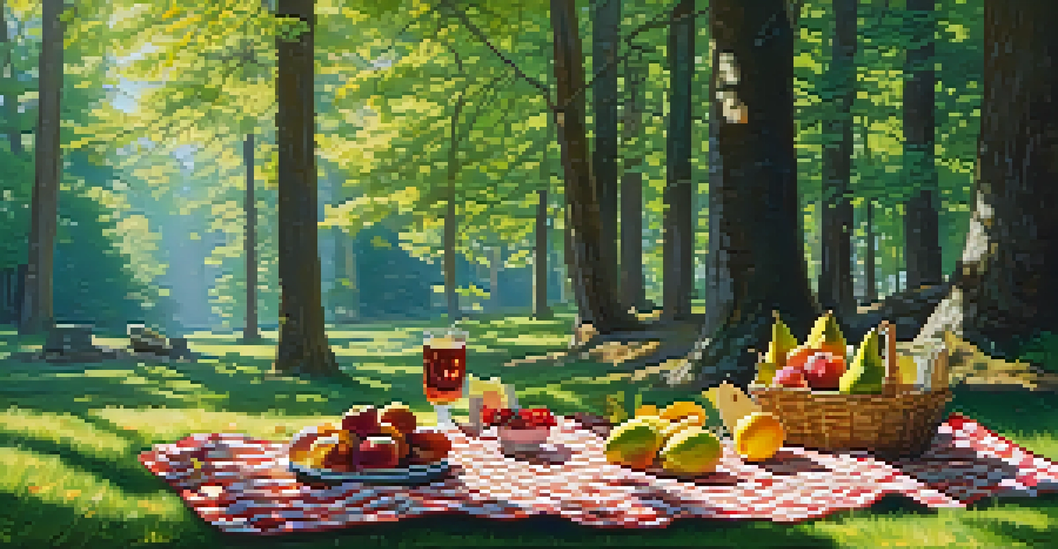 A cheerful outdoor picnic scene in a forest clearing, featuring a blanket with food and drinks, surrounded by tall trees and sunlight.