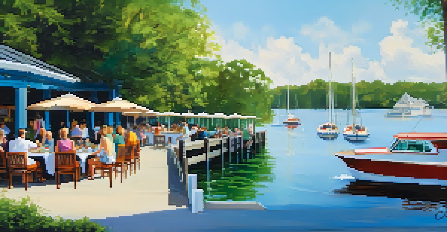 Diners on a patio at a waterfront brunch, enjoying mimosas with a lake view and boats in the background.