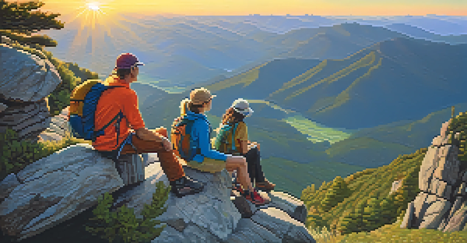 A group of happy hikers resting on a rocky outcrop, overlooking a stunning valley, with the sun setting in the background.