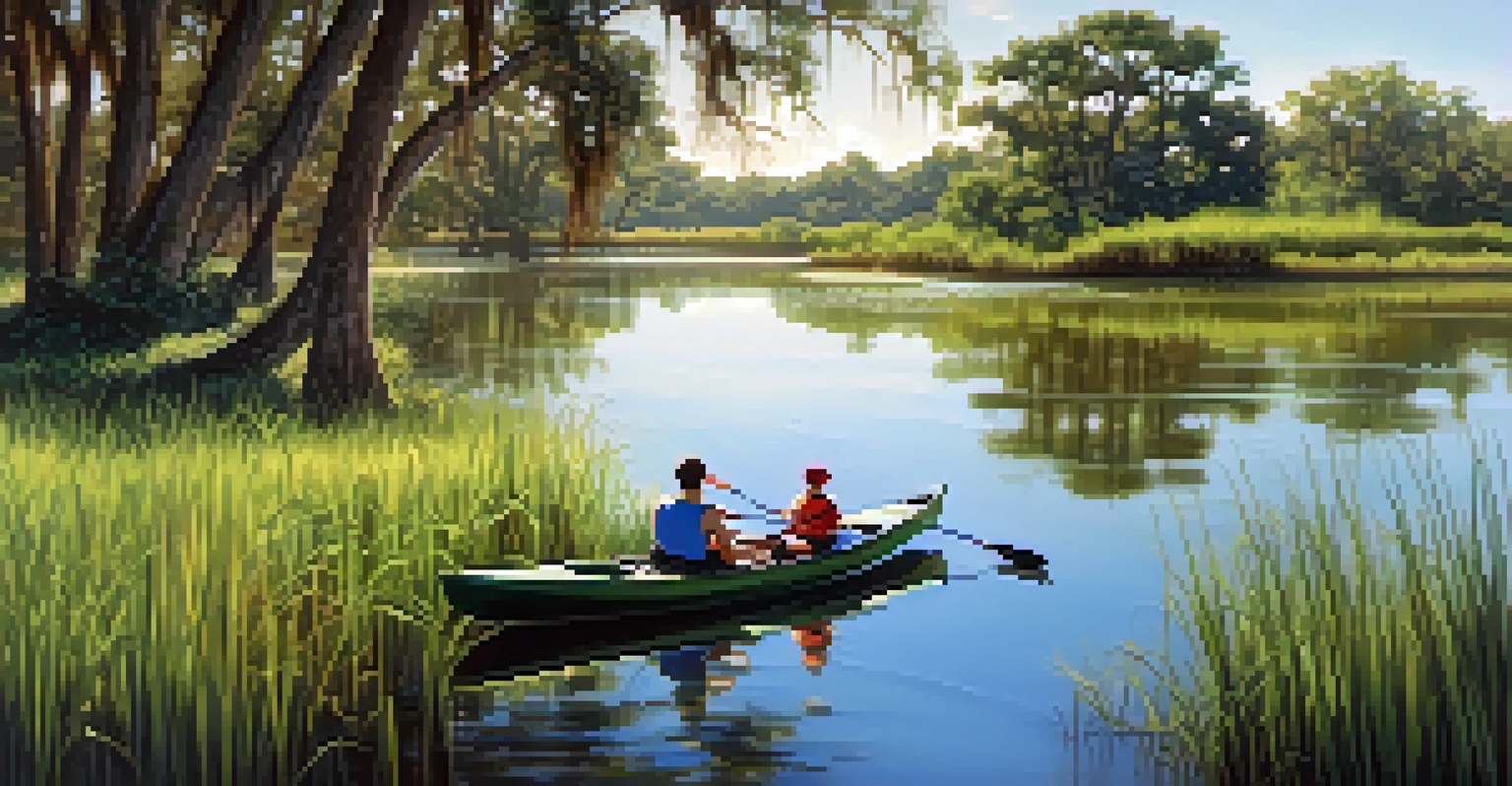 A family kayaking in Orlando's wetlands surrounded by lush greenery and calm waters under warm sunlight.