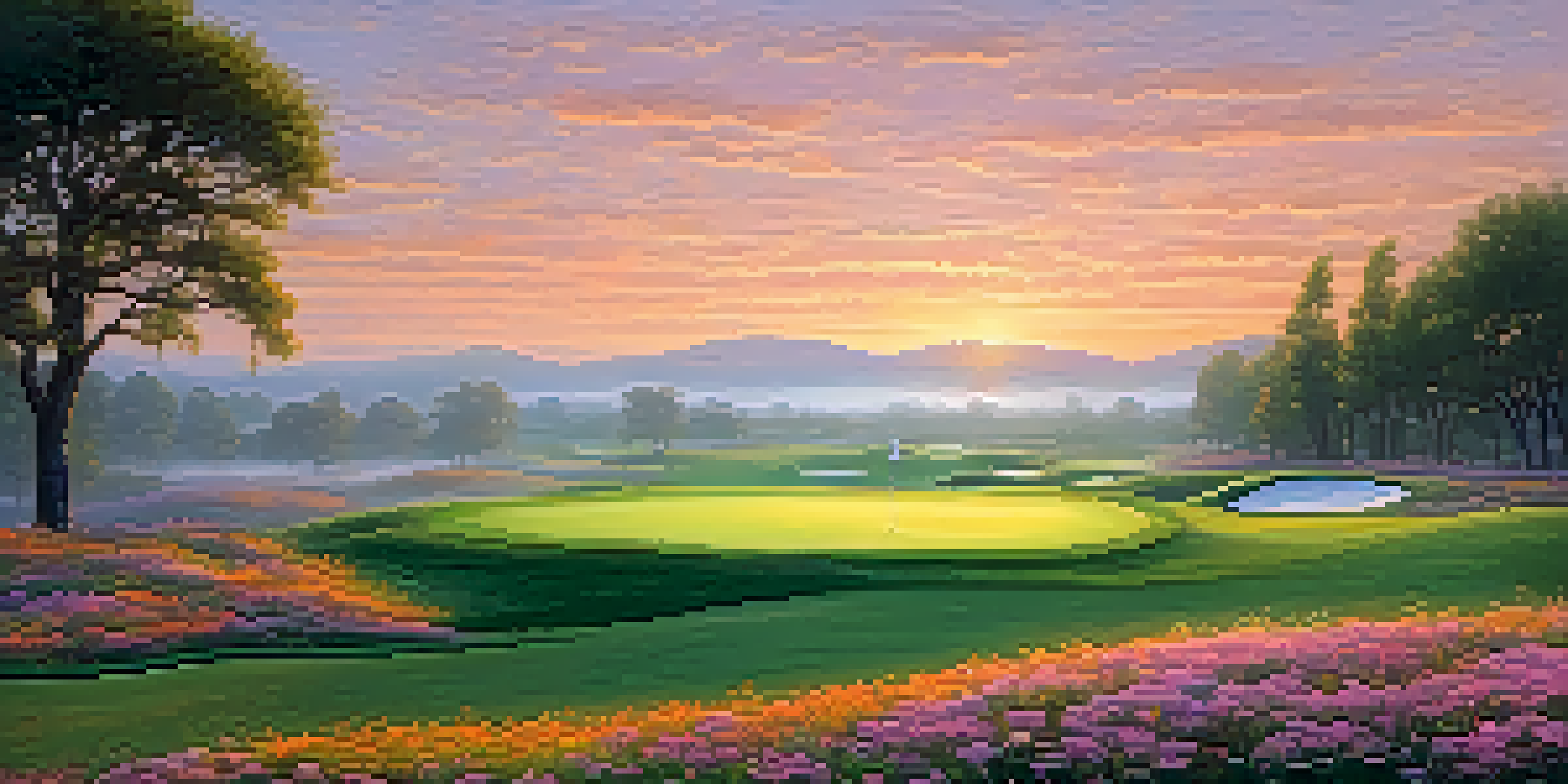 A golfer practicing their swing on a peaceful golf course at sunrise, with mist and colorful wildflowers in the background.