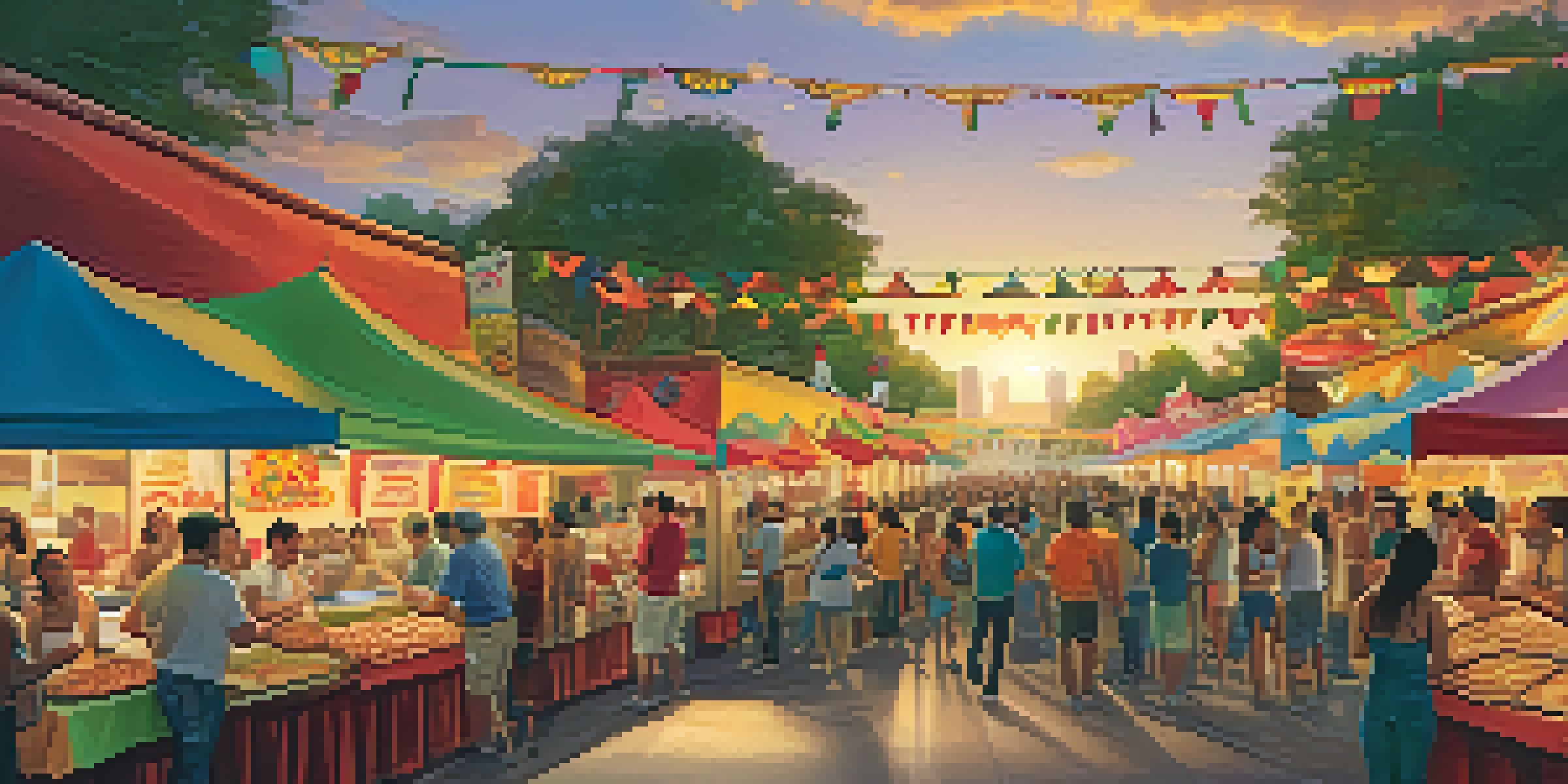 An outdoor food festival in Orlando with colorful stalls and diverse people enjoying various dishes under a sunset.