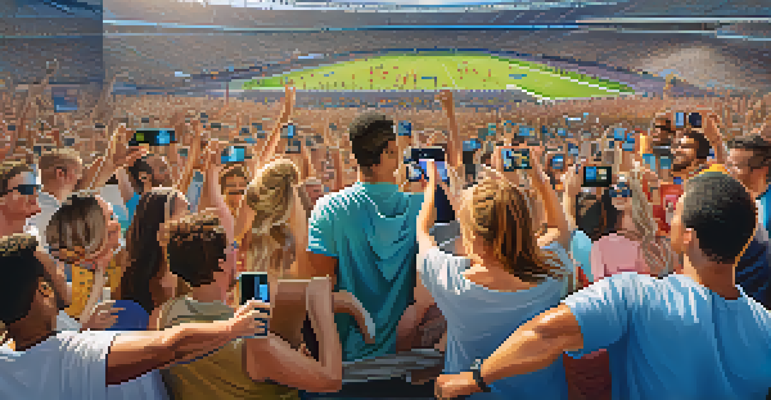 Close-up of enthusiastic fans using smartphones to engage on social media during a sports event in Orlando, with the stadium in the background.