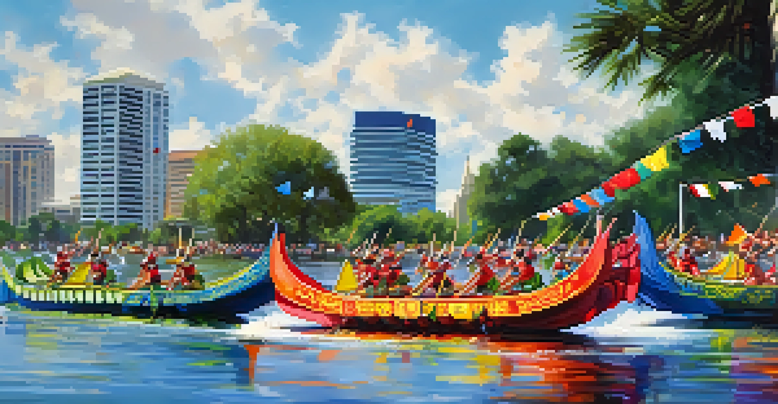 Colorful dragon boats racing on Lake Eola during the Orlando International Dragon Boat Festival.