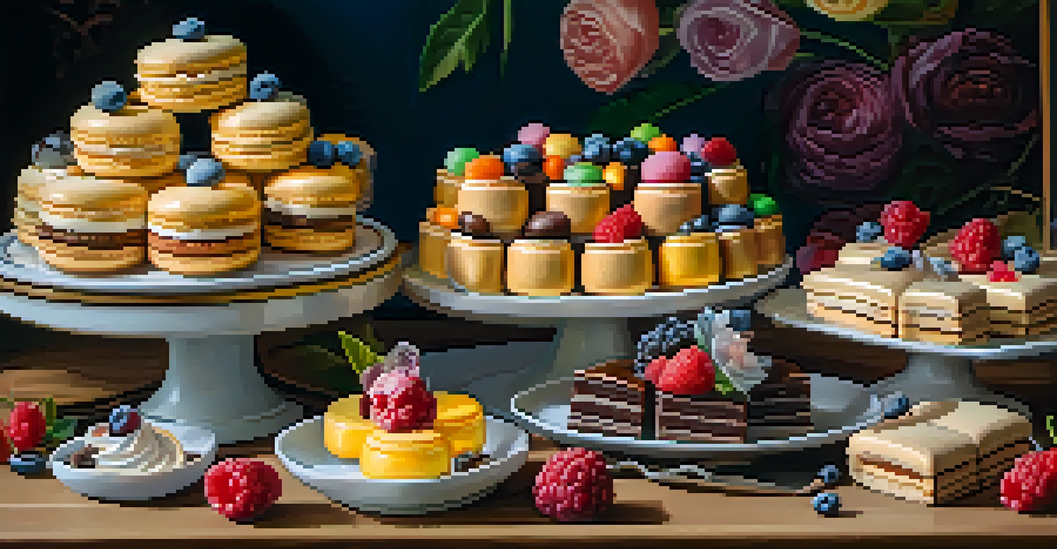 A close-up of a dessert display featuring colorful pastries like macarons and tiramisu on a wooden table.