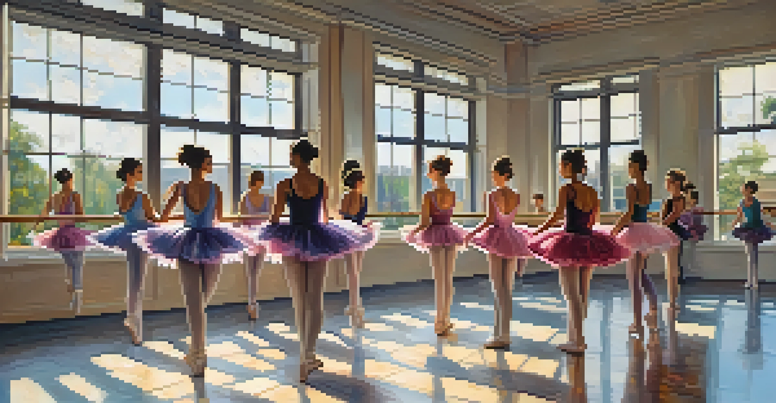 Ballet students practicing in a bright dance studio with mirrors and natural light.