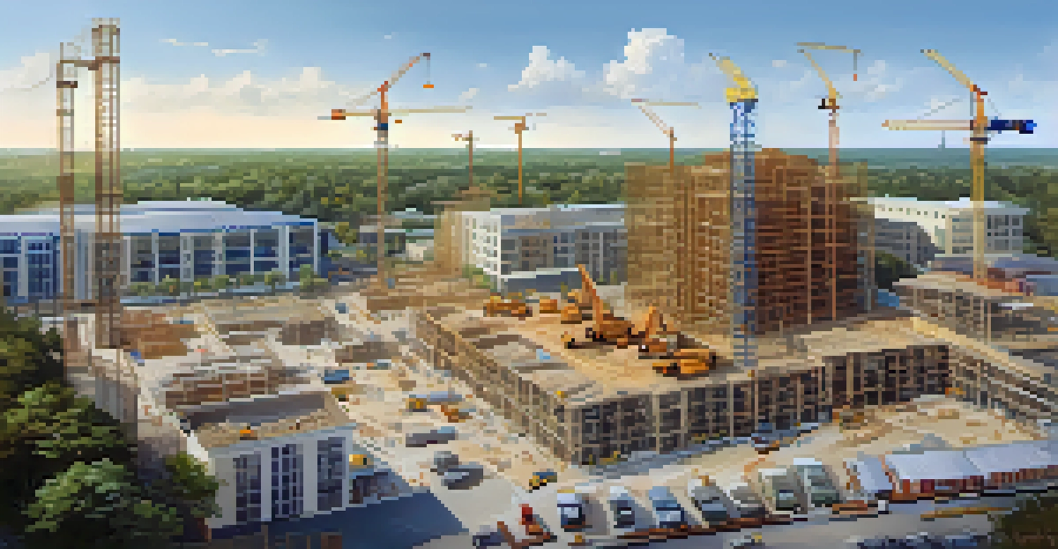 An aerial view of a construction site in Orlando with cranes and workers, surrounded by buildings and trees.