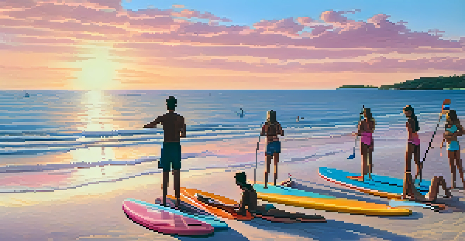 Group of friends paddleboarding on a calm beach during sunset with picnic setup on the sand.