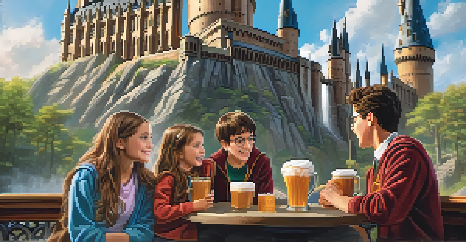 A family enjoying Butterbeer in front of a replica of Hogwarts Castle at Universal Orlando, with vibrant colors and a clear sky.