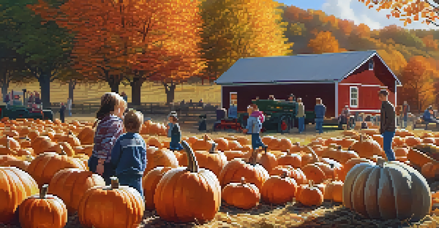 Families enjoying a pumpkin patch during autumn, surrounded by colorful leaves and pumpkins.