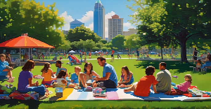 A lively Orlando park filled with families enjoying picnics, children playing, and modern buildings in the background under a clear blue sky.