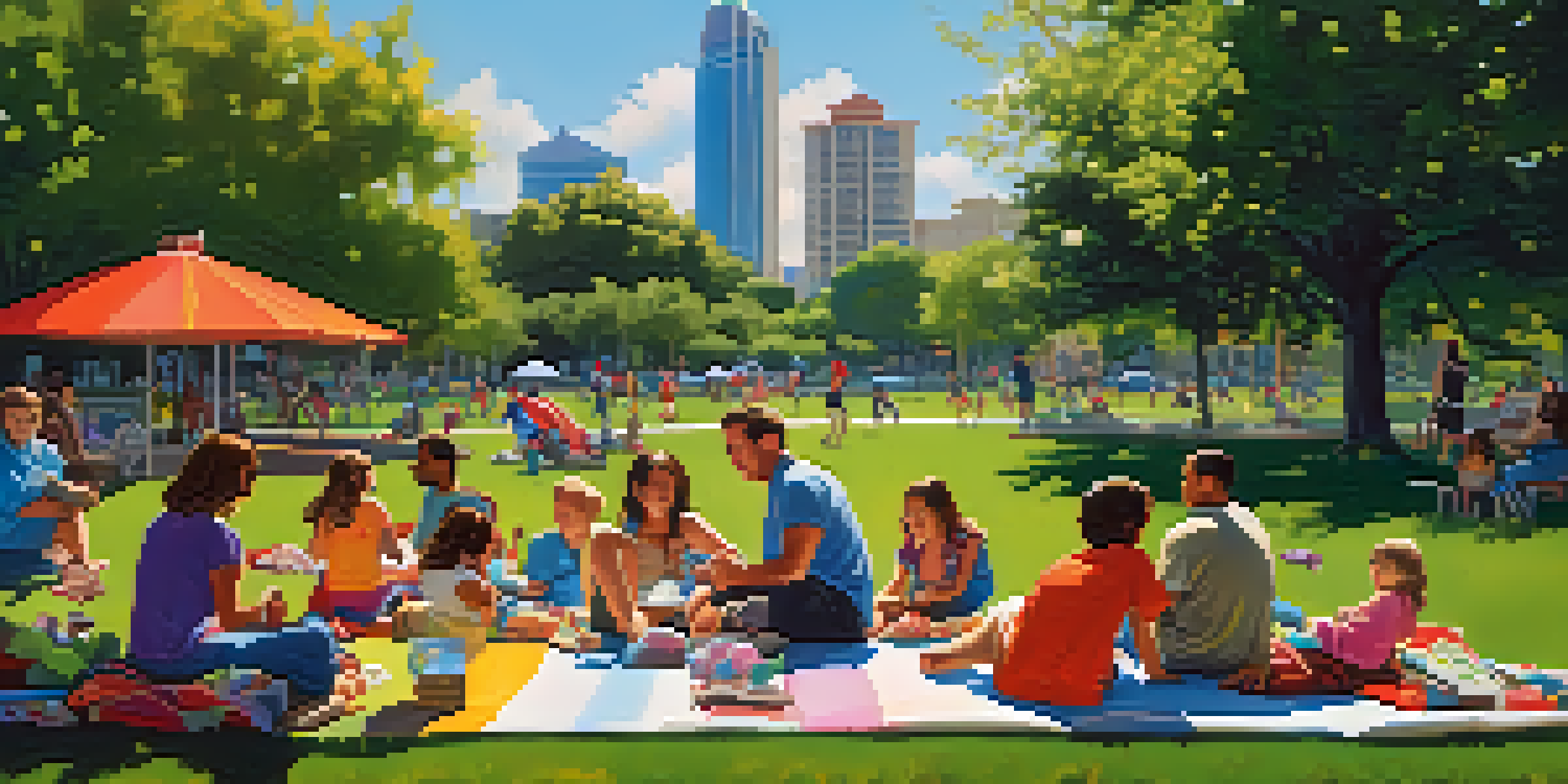 A lively Orlando park filled with families enjoying picnics, children playing, and modern buildings in the background under a clear blue sky.