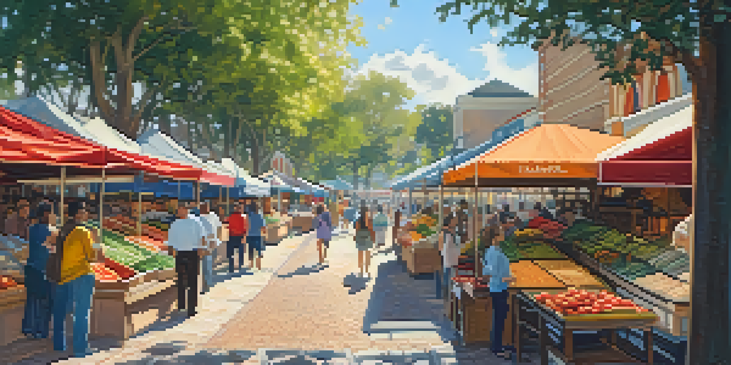 An outdoor food market in Orlando with various food stalls and people enjoying meals, illuminated by warm sunlight.