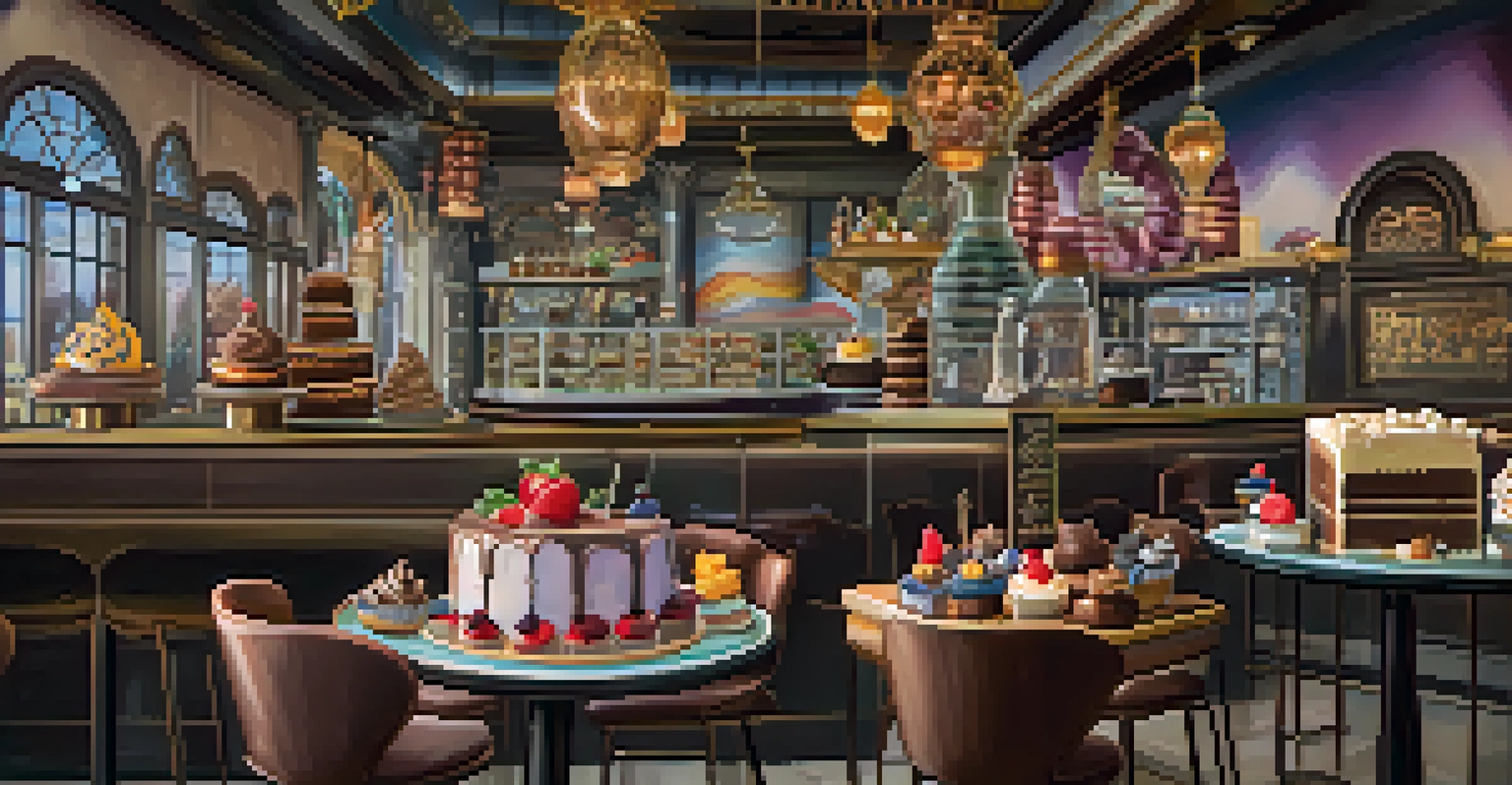 A colorful dessert display at a themed restaurant, showcasing milkshakes and chocolates in a vibrant and whimsical setting.