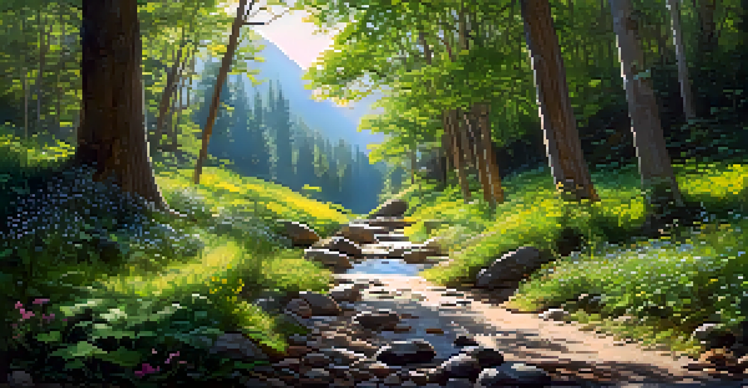 A peaceful forest trail with wildflowers and a small stream, sunlight filtering through the leaves.