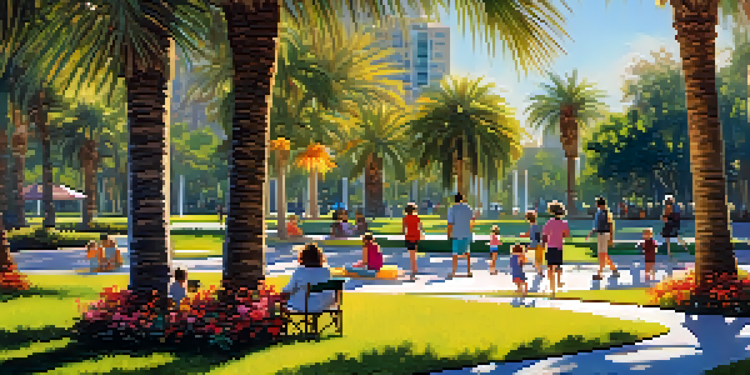 A family enjoying a sunny day in a lush park in Orlando, with colorful flowers and palm trees.