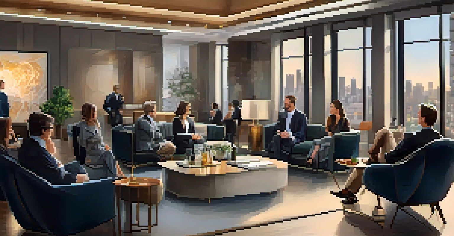 A professional networking event in a stylish lounge with attendees mingling and engaging in conversations over drinks and appetizers.