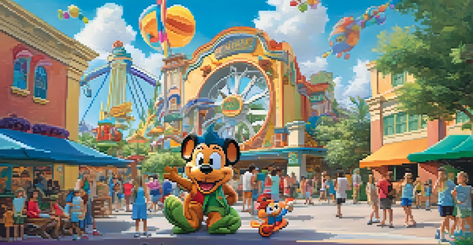 Families enjoying the theme park atmosphere at Universal Studios Orlando, with children interacting with a character mascot and rides in the background.
