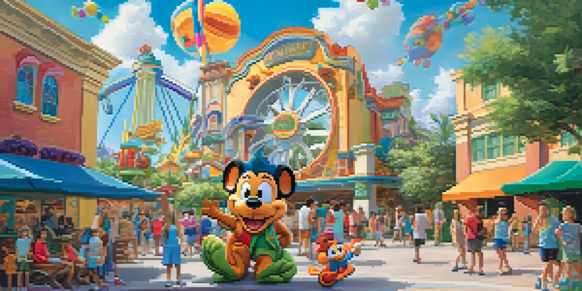 Families enjoying the theme park atmosphere at Universal Studios Orlando, with children interacting with a character mascot and rides in the background.